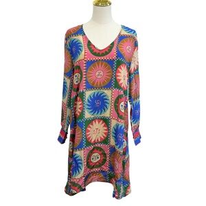 Johnny Was Lionora V-Neck Silk Swing Slip Dress Long Sleeve Sun Print NWT $378